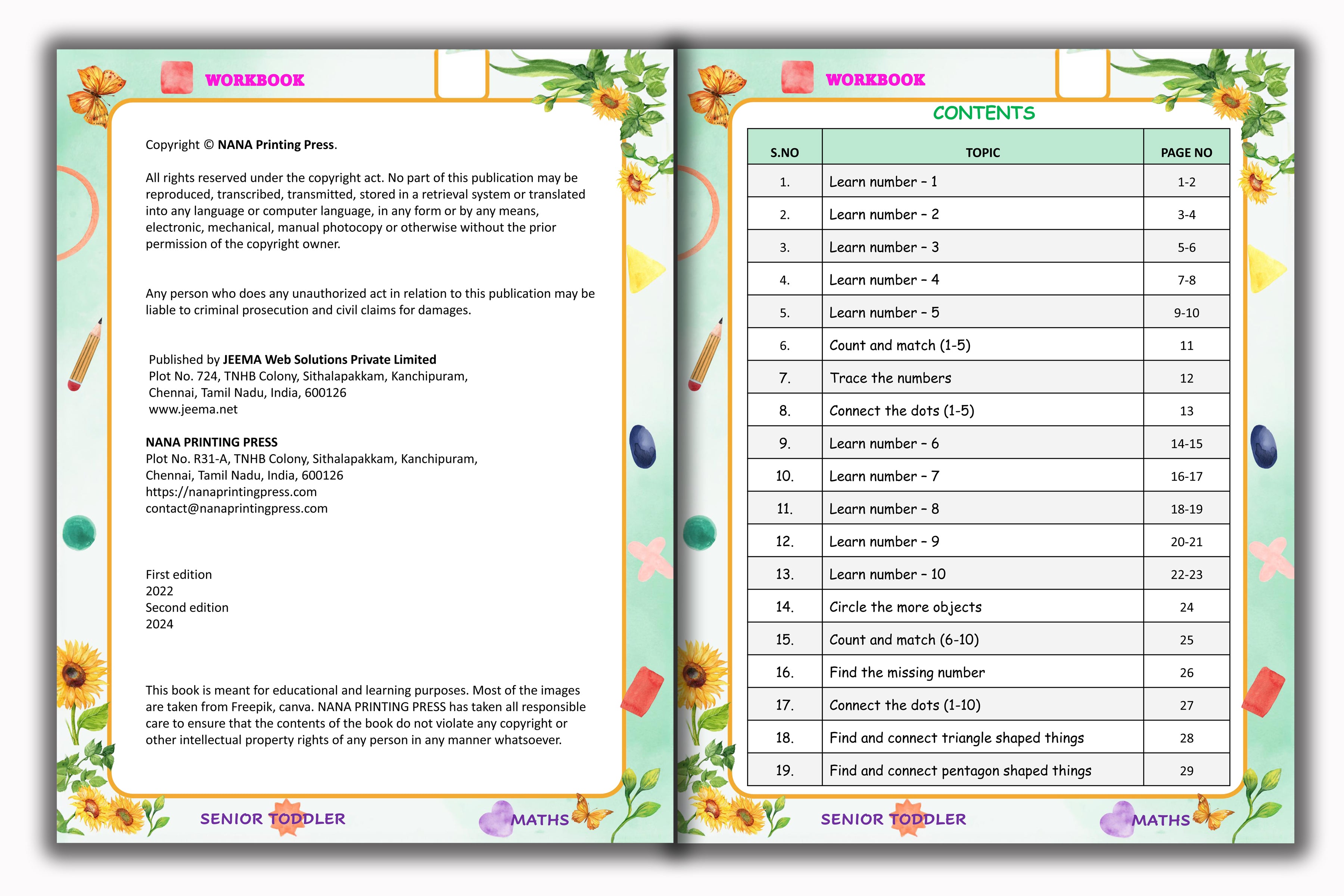 Senior Toddler - Maths Workbook (Pre KG)