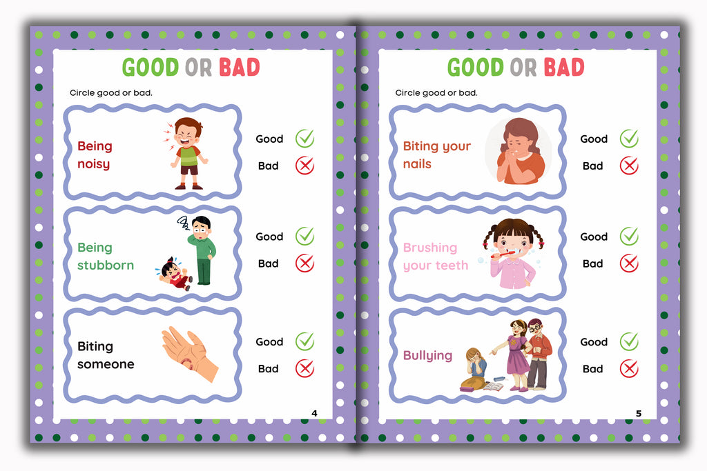 Activity Books Combo 2 - Alphabet Identification, Circle The Number, Circle The Two Matching Pictures, Dot To Dot, Good Or Bad