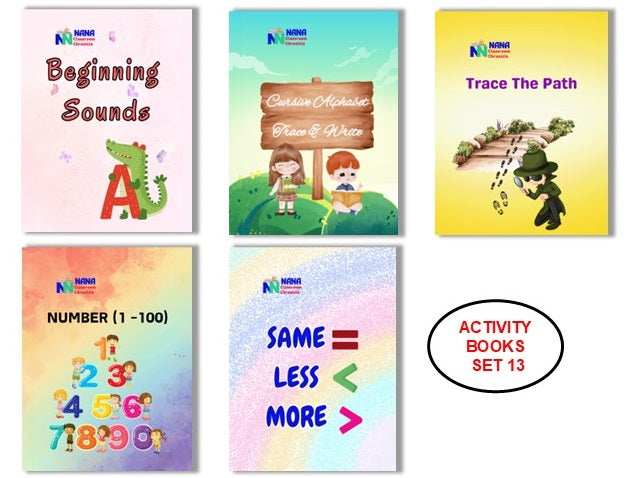 Activity Books Combo 13 - Beginning Sounds, Cursive Alphabet Trace And Write, Number (1-100), Same Less More, Trace The Path