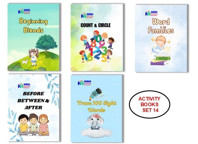 Activity Books Combo 14 - Before Between And After, Beginning Blends, Count And Circle, Trace 100 Sight Words, Word Families