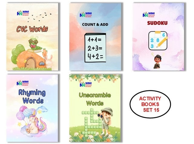 Activity Books Combo 15 - Count And Add, CVC Words, Rhyming Words, Sudoku, Unscramble Words