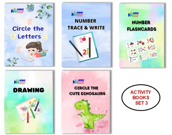 Activity Books Combo 3 - Circle The Cute Dinosaurs, Circle The Letters, Drawing, Number Flashcards, Number Trace And Write