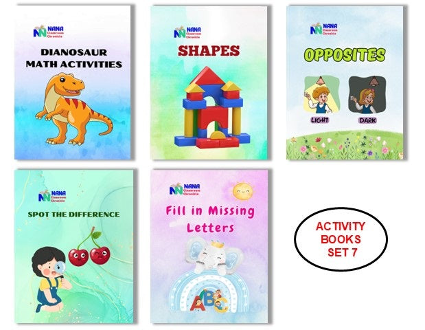 Activity Books Combo 7 - Dinosaur Math Activities, Fill In Missing Letters, Opposites, Shapes, Spot The Differences
