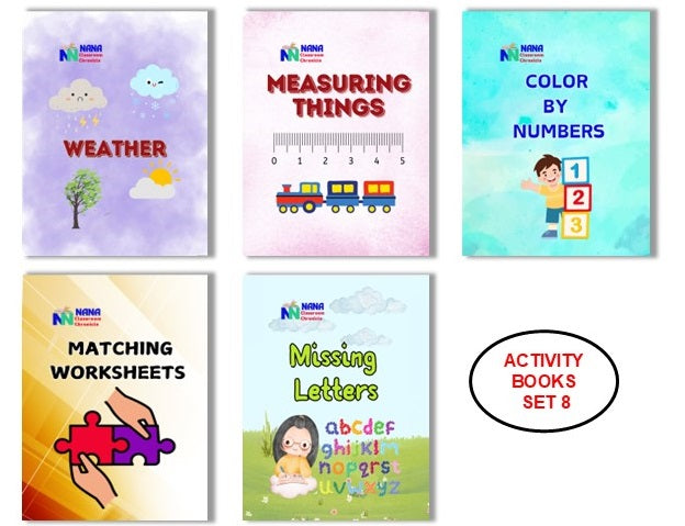Activity Books Combo 8 - Color By Numbers, Matching Worksheets, Measuring Things, Missing Letters, Weather
